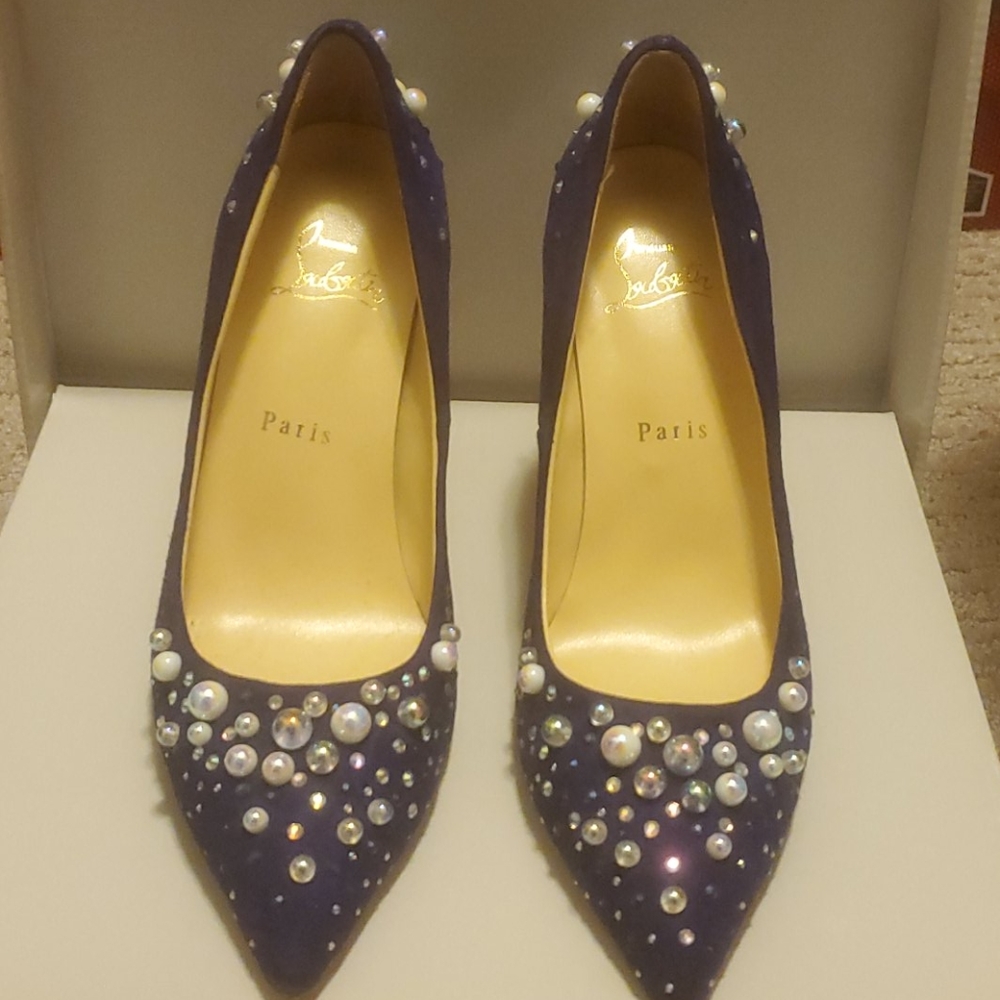 Louboutin Pearl Embellished Blue Suede Pumps
